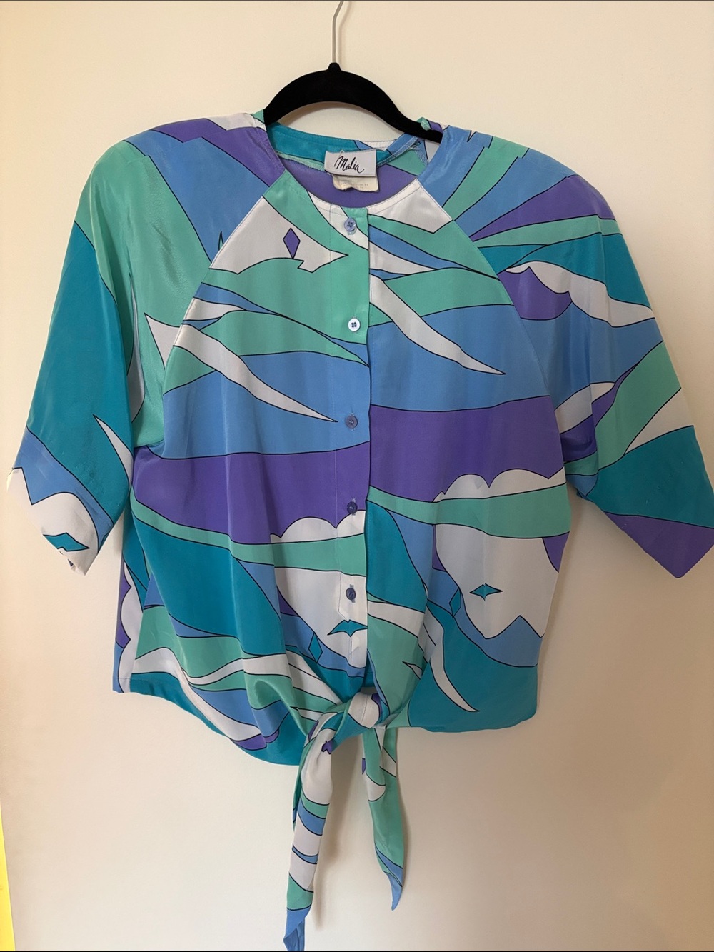 Pucci Knock Off - Tie-Front Short Sleeve Blouse in Blue & Teal Print Silky